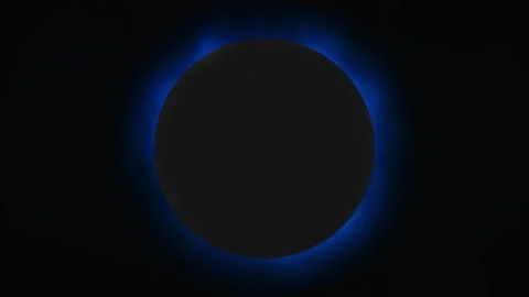 Blue rim space sphere black planet shape, soft halo lighting, and dramatic eclip Stock Footage 340565055