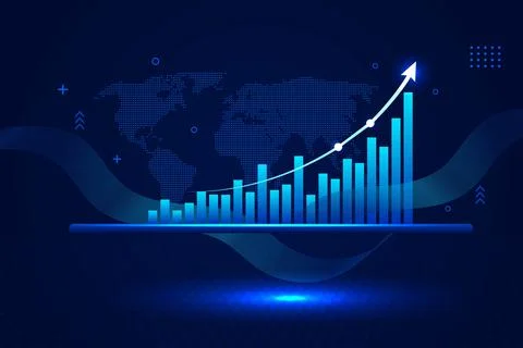 Blue rising bar graph and upward arrow, digital business success Illustrazione stock