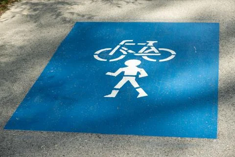 Blue road marking indicating a shared pedestrian and bicycle lane on the as.. Stock Photos