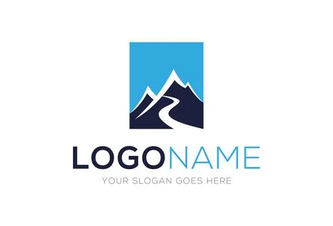 Blue Road or River Mountain Square Logo Design	 Stock Illustration