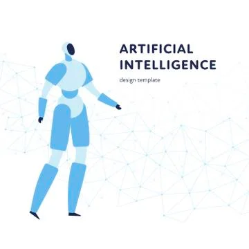 Blue robot character on low poly background isolated on white. Stock Illustration