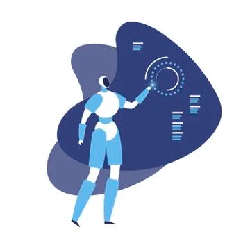 Blue robot character working with holo touch interface isolated on white Stock Illustration