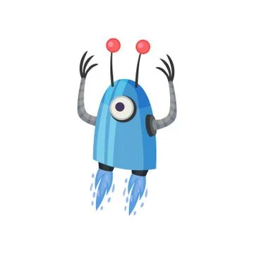 Blue robot flying on two flames. Vector illustration on white background. Illustrazione stock