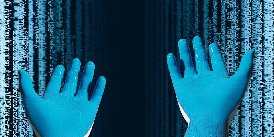 Blue robot hand with binary code library. Concept presented in digital age 3D Stock Illustration