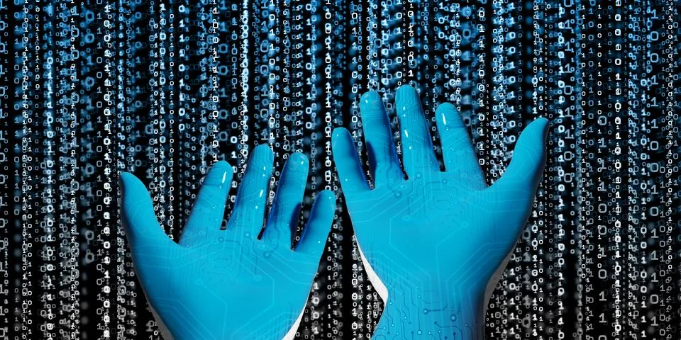Blue robot hand with binary code library. Concept presented in digital age 3D Stock Illustration