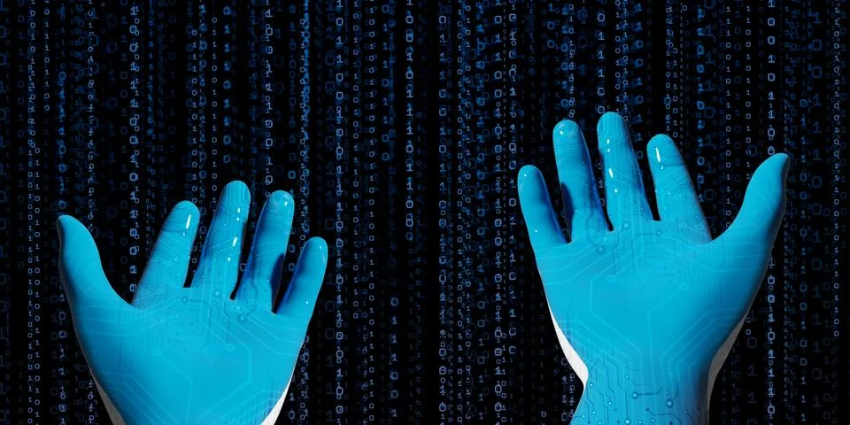 Blue robot hand with binary code library. Concept presented in digital age 3D Stock Illustration