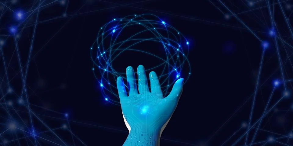 Blue robot hand With the light of technology Presentation concepts Stock Illustration