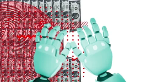 Blue robot hands in modern stop motion collage video animation money dollars Stock Footage 237251943