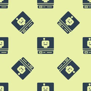Blue Robot icon isolated seamless pattern on yellow background. Artificial Stock Illustration