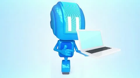 Blue robot with laptop Stock Footage 11073915