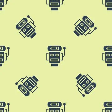 Blue Robot low battery charge icon isolated seamless pattern on yellow Illustrazione stock