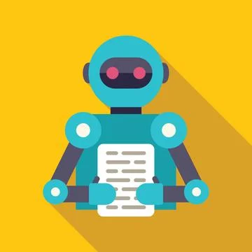 Blue robot reading electronic document with flat design and long shadow 스톡 일러스트