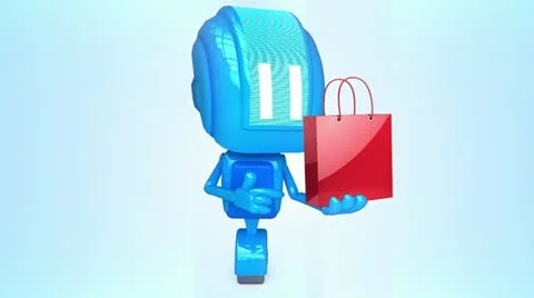 Blue robot with red bag Stock Footage 11073916