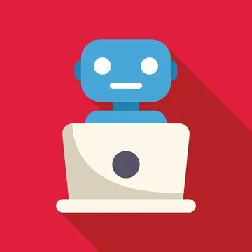 Blue robot using laptop computer on red background Stock Illustration