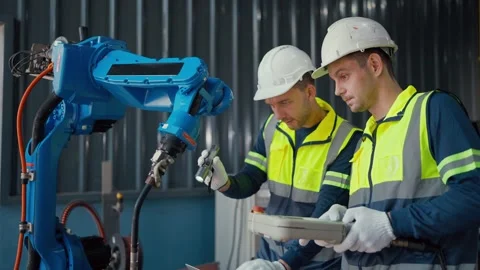 Blue robotic arm moves precisely in factory setting Stock Footage 344919171