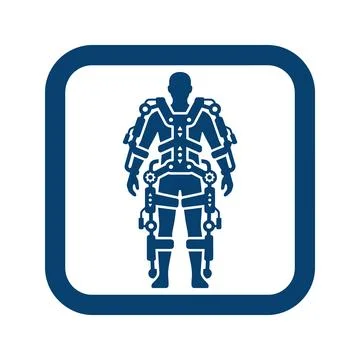 Blue robotic exoskeleton suit icon for human augmentation. Stock Illustration