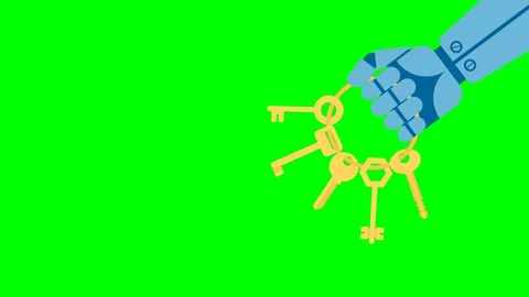 Blue robot's hand is with bunch of yellow barn keys. Shaking bunch of large keys Stock Footage 276401787