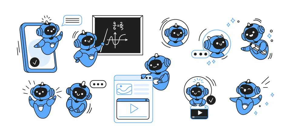 Blue Robots Performing Various Digital Tasks Illustration Stock Illustration