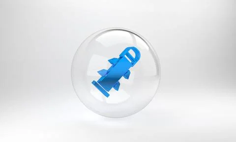 Blue Rocket icon isolated on grey background. Glass circle button. 3D render  Stock Illustration