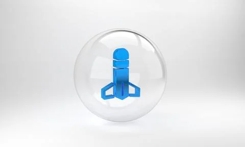 Blue Rocket icon isolated on grey background. Glass circle button. 3D render  Stock Illustration