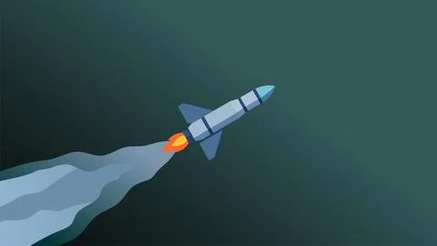 Blue rocket launching with fire and smoke trail against a dark teal backgro.. Illustrazione stock