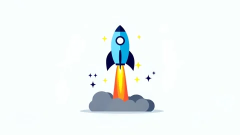 Blue Rocket Launching with Orange Flames and Stars on White Background Stock-Footage 316766002