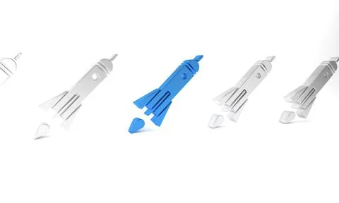 Blue Rocket ship with fire icon isolated on white background. Space travel... Illustrazione stock