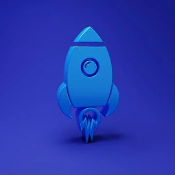 Blue Rocket ship with fire icon isolated on blue background. Space travel. .. Stock Illustration