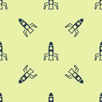 Blue Rocket ship icon isolated seamless pattern on yellow background. Space Illustrazione stock
