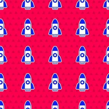 Blue Rocket ship icon isolated seamless pattern on red background. Space travel Illustrazione stock