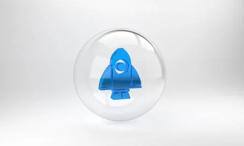 Blue Rocket ship icon isolated on grey background. Space travel. Glass circle Illustrazione stock