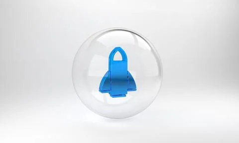 Blue Rocket ship icon isolated on grey background. Space travel. Glass circle Illustrazione stock