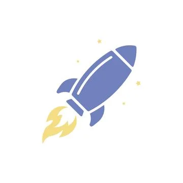 Blue rocket ship launching into space with yellow fire vector Stock Illustration