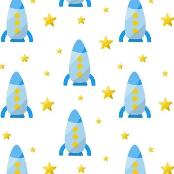 Blue rockets childrens pattern white cosmos stars Stock-Illustration