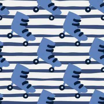 Blue roller shoes seamless pattern. Doodle sporty elements on stripped backgr Stock Illustration