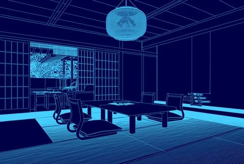 Blue room with a table and chairs. The room is designed to look like a Japanese Stock Illustration