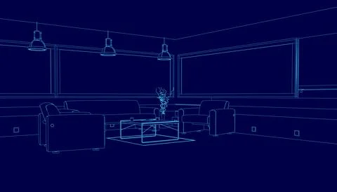Blue room with a table and a vase. The room is empty and the vase is the only Stock Illustration