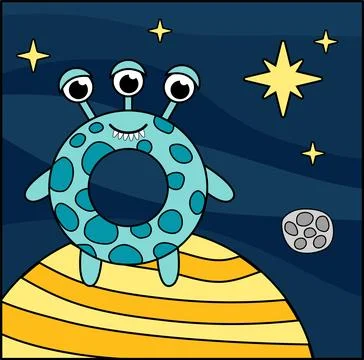 Blue round alien on yellow planet in space. Cartoon, vector. Stock Illustration