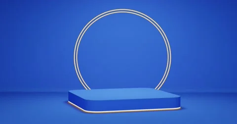Blue round corner cube podium with gold border Stock Footage 172261294