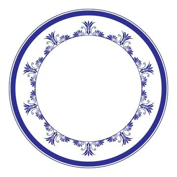 Blue round floral frame. Elegant round blue and white porcelain plate design.  Stock Illustration
