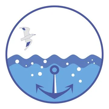 Blue round logo with waves and anchor and seagull Stock Illustration