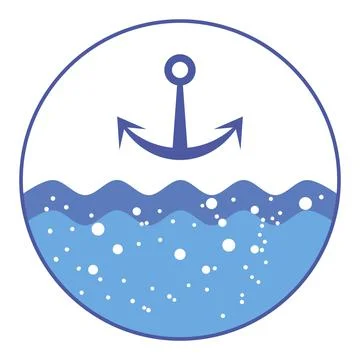 Blue round nautical seal with waves and anchor Stock Illustration