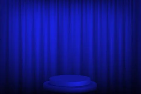 Blue round podium with steps in front of the curtains. Vector illustration. Stock Illustration