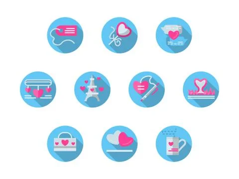 Blue round romantic events flat vector icons set Stock Illustration