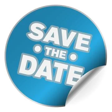Blue round SAVE THE DATE sticker with one side curled up イラスト素材