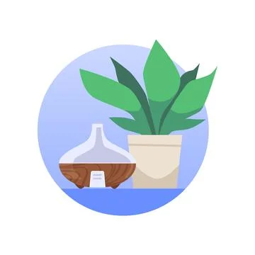 Blue round shape with humidifier and plant flat style Illustrazione stock