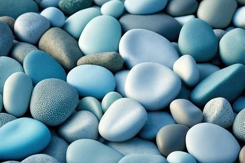 Blue rounded sea pebbles. 3D textured stones ocean bank surface. Summer travel Stock-Illustration