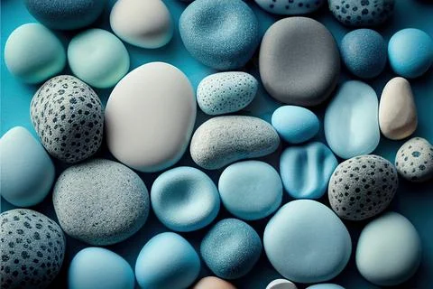 Blue rounded sea pebbles. 3D textured stones ocean bank surface. Summer travel Stock Illustration