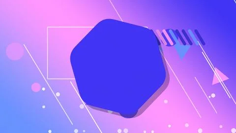 A blue rounded square tilts in front of a vibrant purple and pink geometric.. Stock Illustration