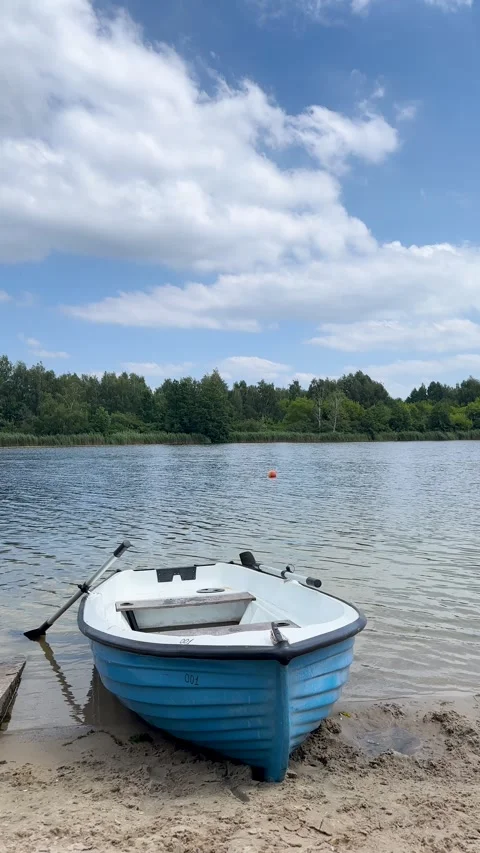 A blue rowboat with oars resting on the sandy shore of a tranquil lake Stock Footage 312817926